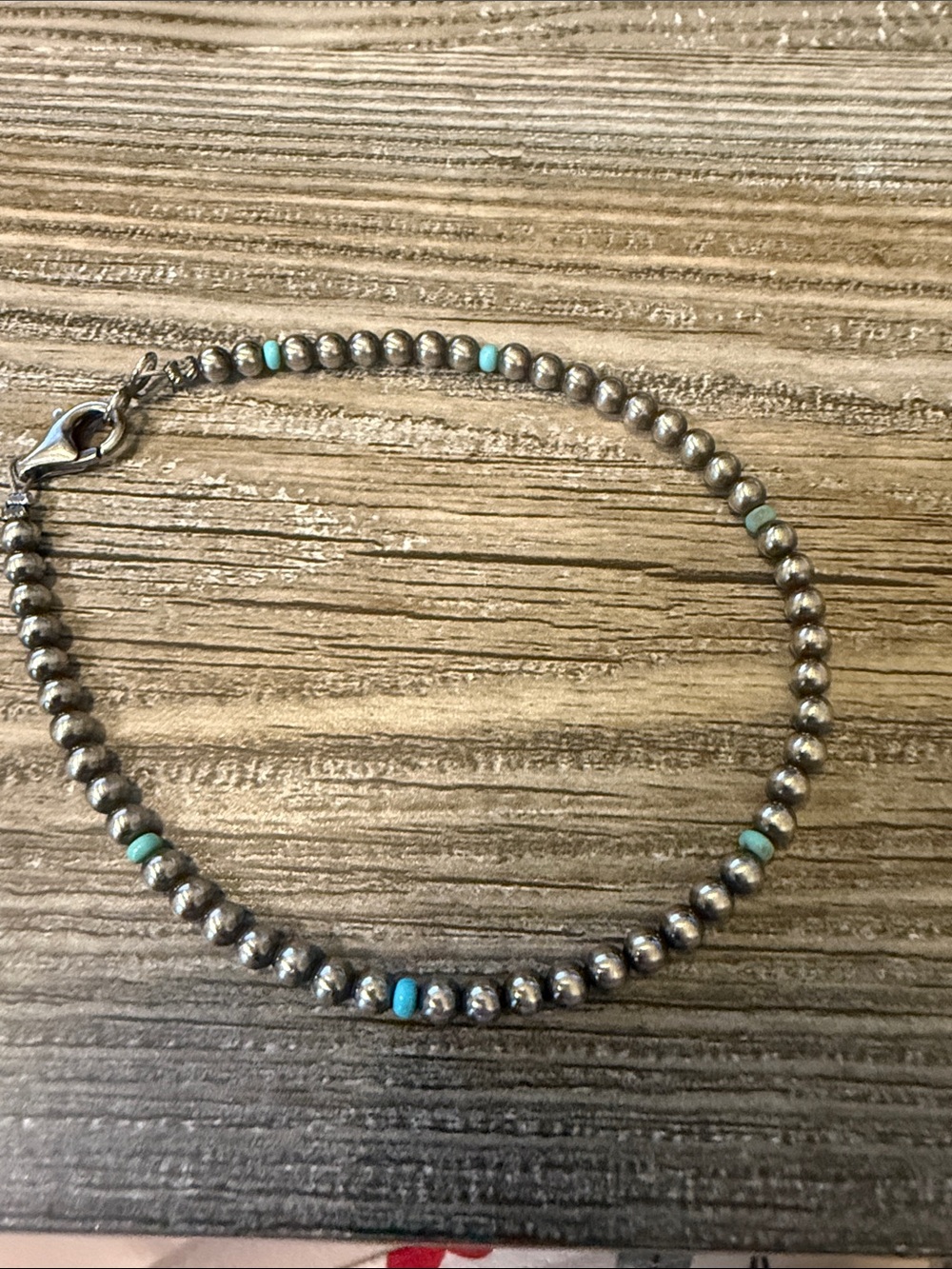 Navajo Sterling Silver Bead Anklet with Turquoise Accents
